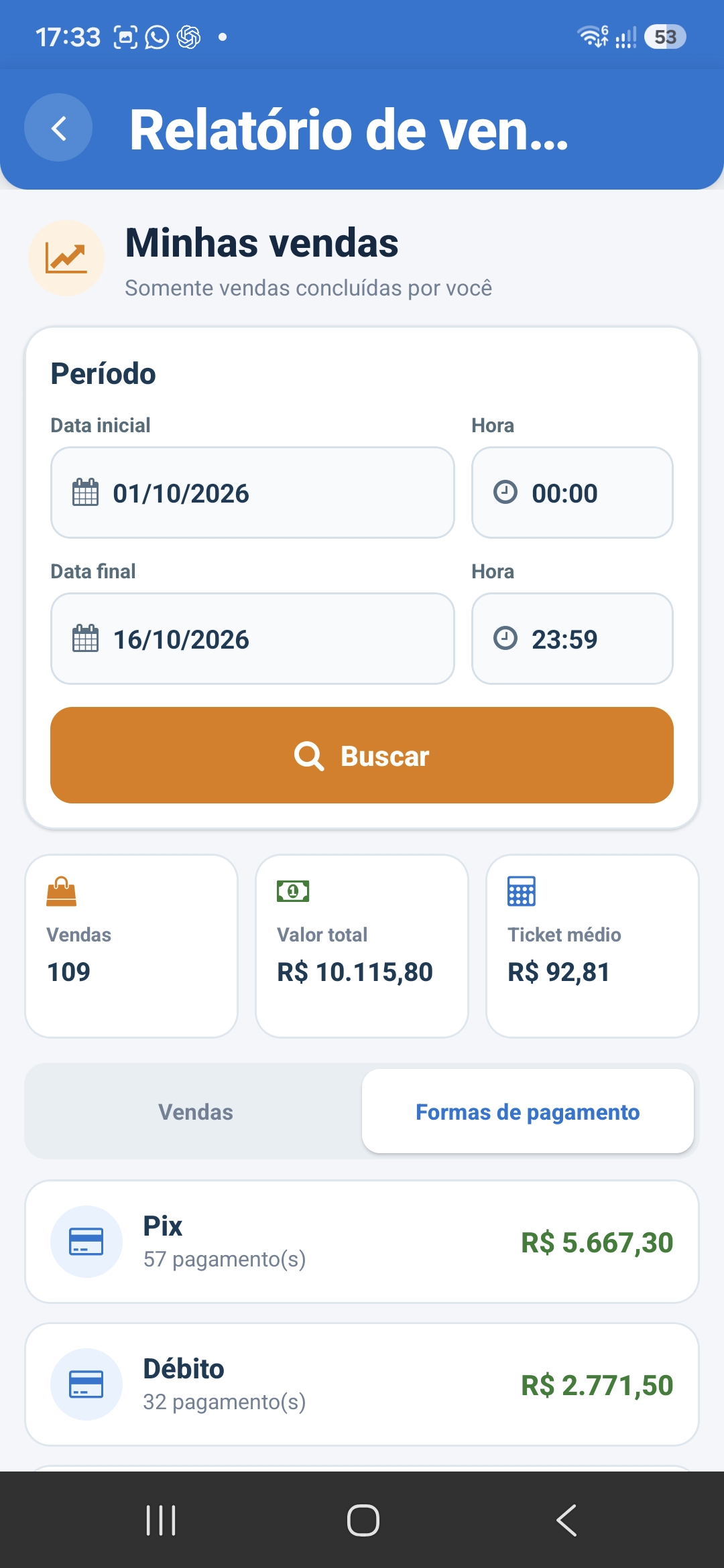 Relatório de vendas e formas de pagamento