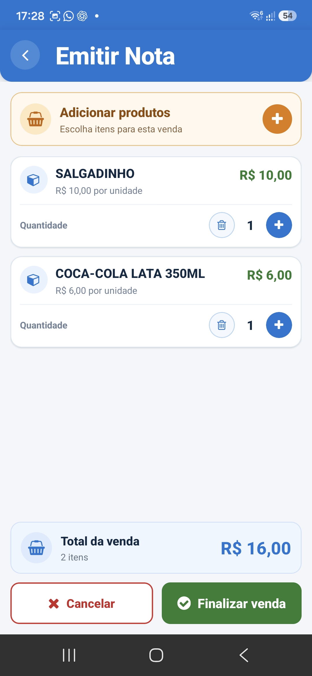 Produtos e total no aplicativo