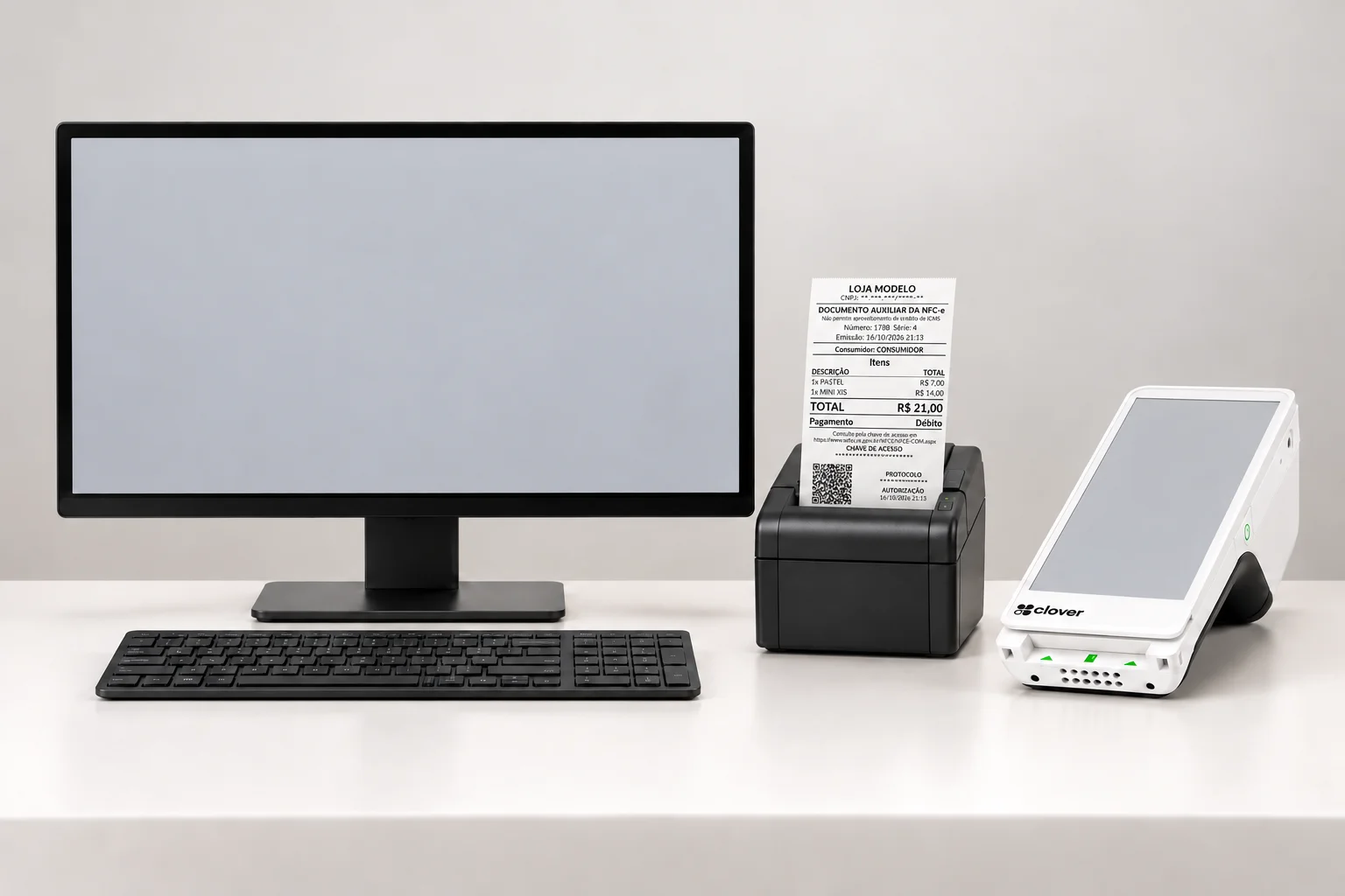 Composição demonstrativa de computador com o PDV, impressora térmica imprimindo NFC-e e Smart POS como terminal de pagamento integrado