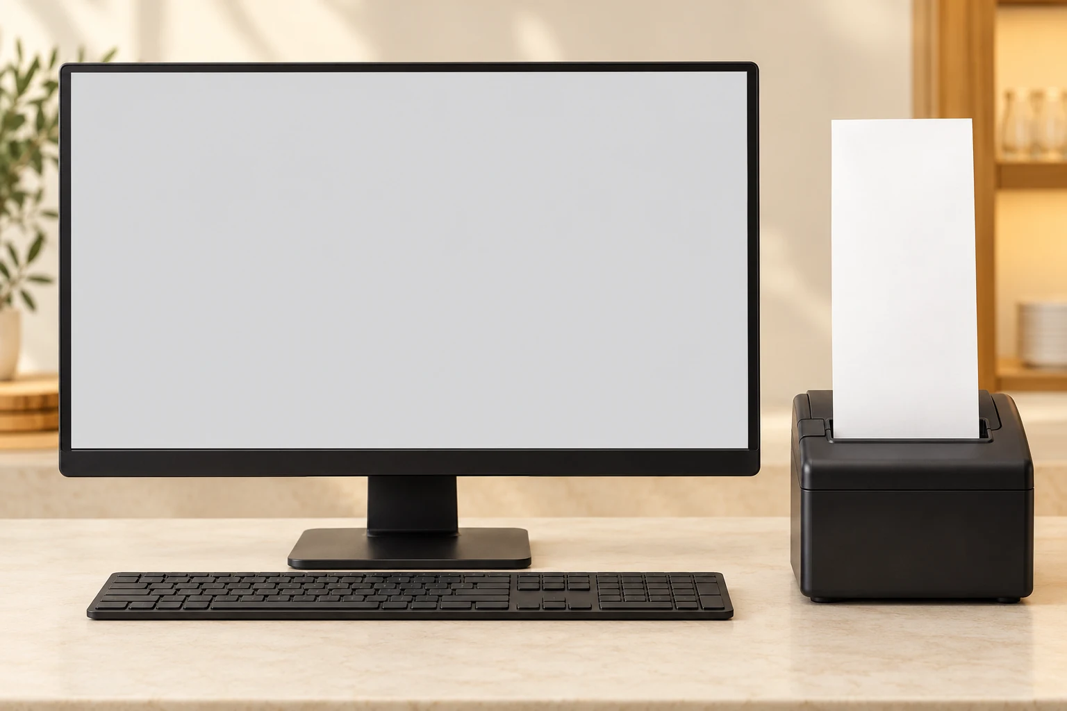 Composição demonstrativa de computador com o painel de pedidos e impressora térmica imprimindo um pedido