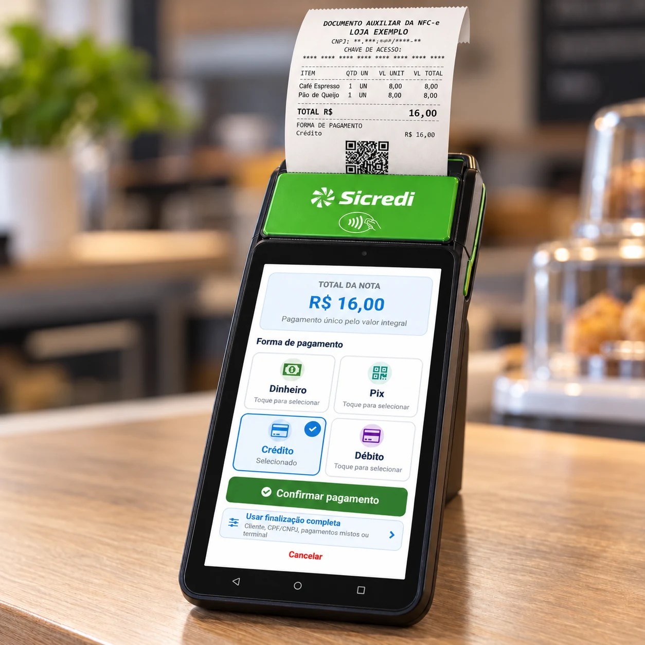 Composição ilustrativa de uma Smart Sicredi com o MenuVIP e impressão de uma NFC-e de exemplo