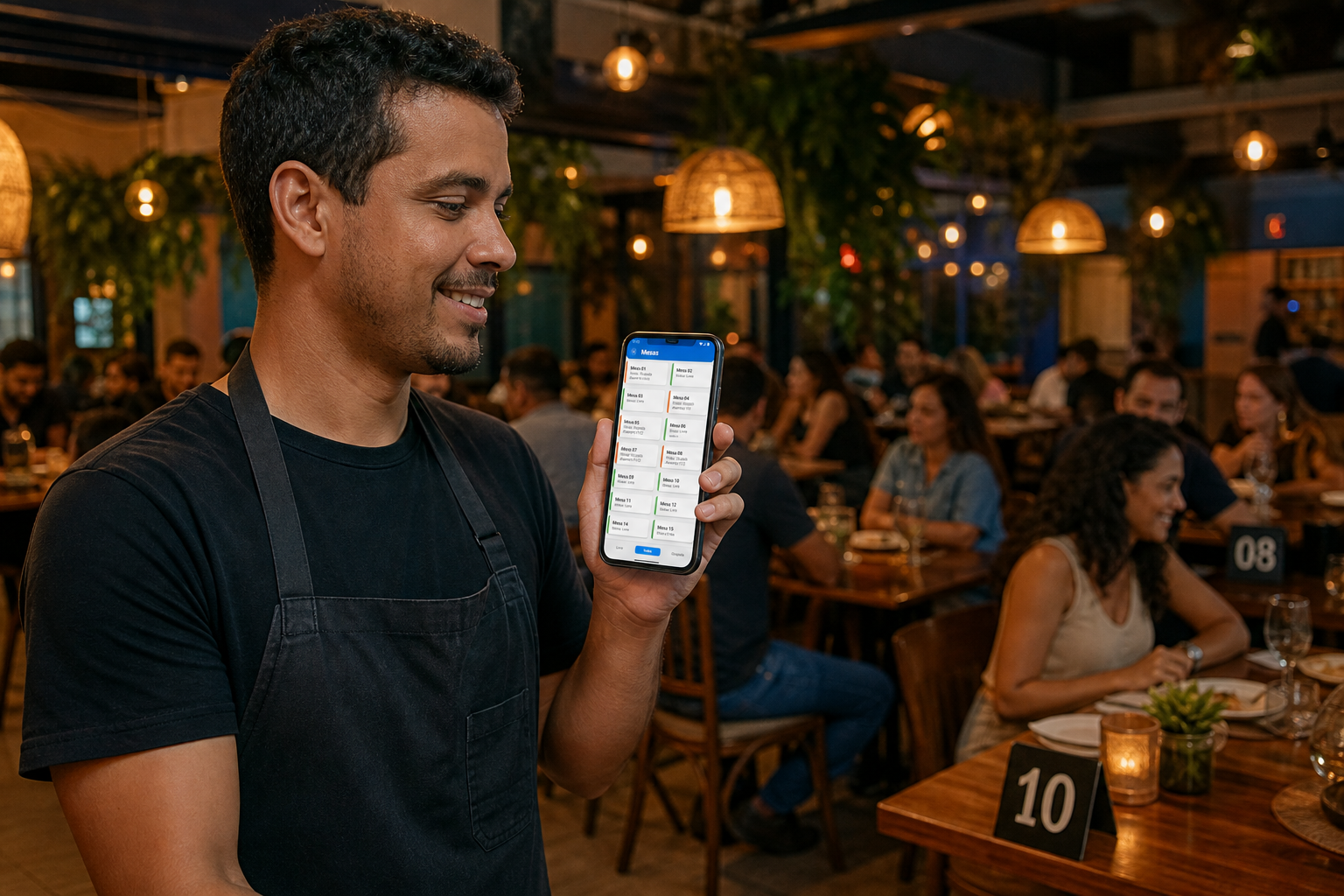 Garçom utilizando o aplicativo Menu VIP para atender mesas