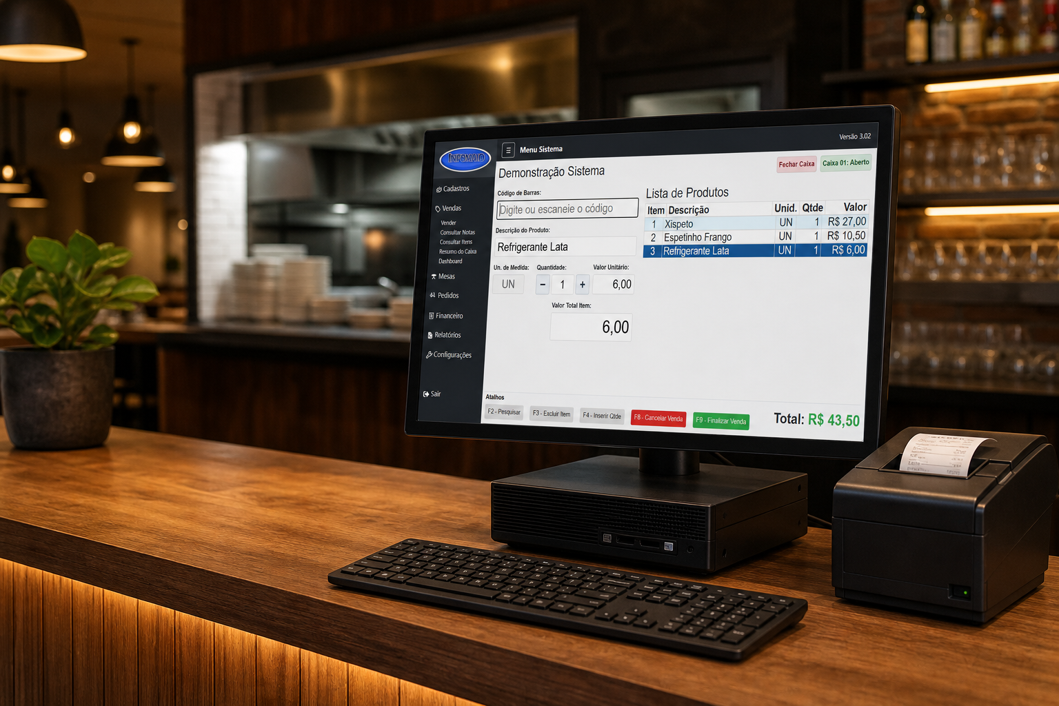 Computador com o PDV Menu VIP e impressora de cupom em um restaurante