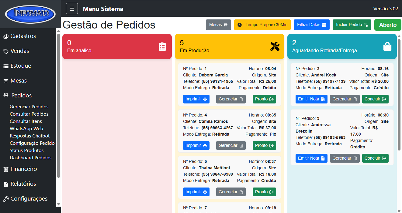 Tela de gestão de pedidos do Menu VIP